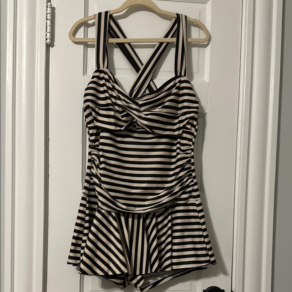 One Piece Slimming Skirt Tummy Control Striped Swimdress Bathing Suit